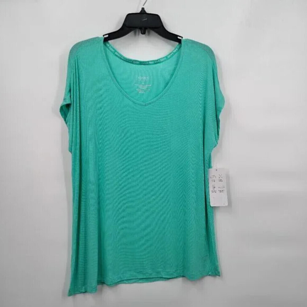 Jones New York Sport Ribbed Knit V-Neck Cap Sleeve Tee Aquamarine Green Size XL